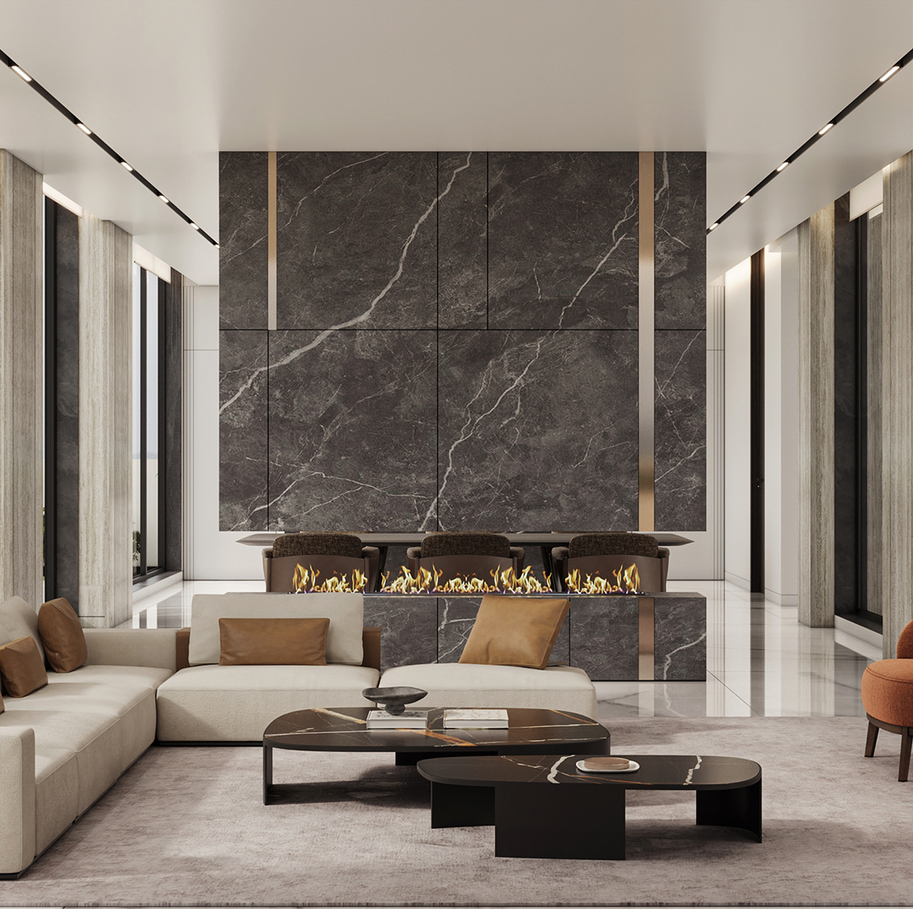 Contemporary living room interior design featuring bespoke joinery in Dubai.