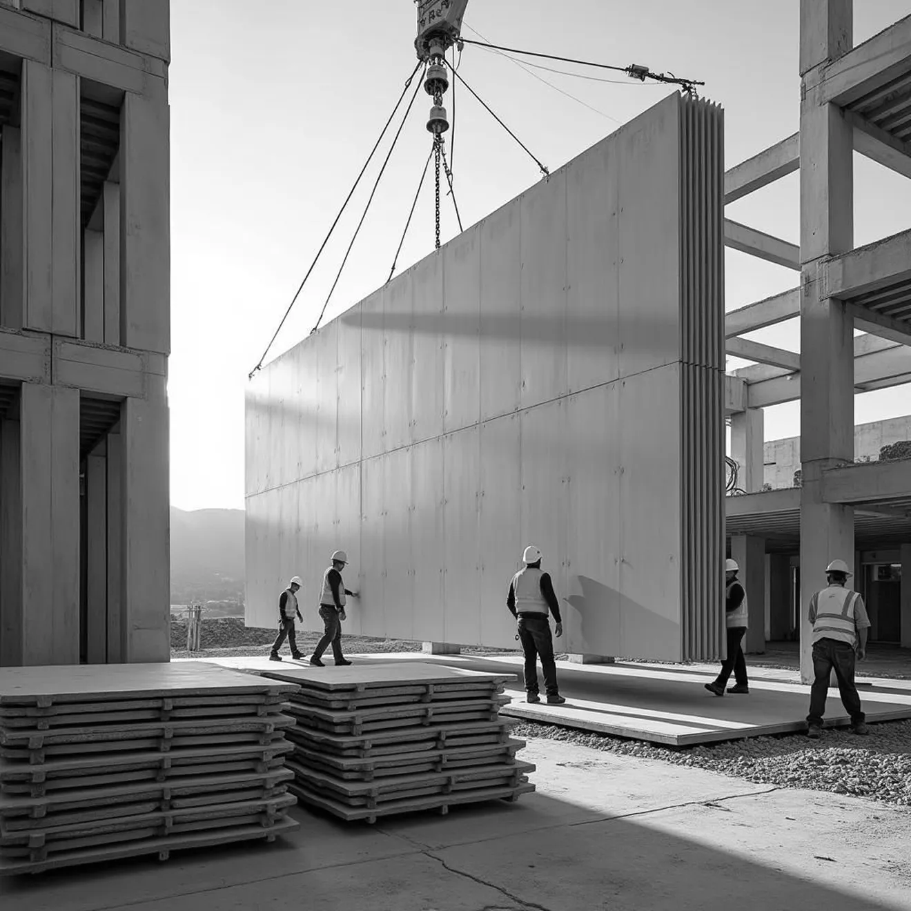 Construction team operating a crane to transport building materials