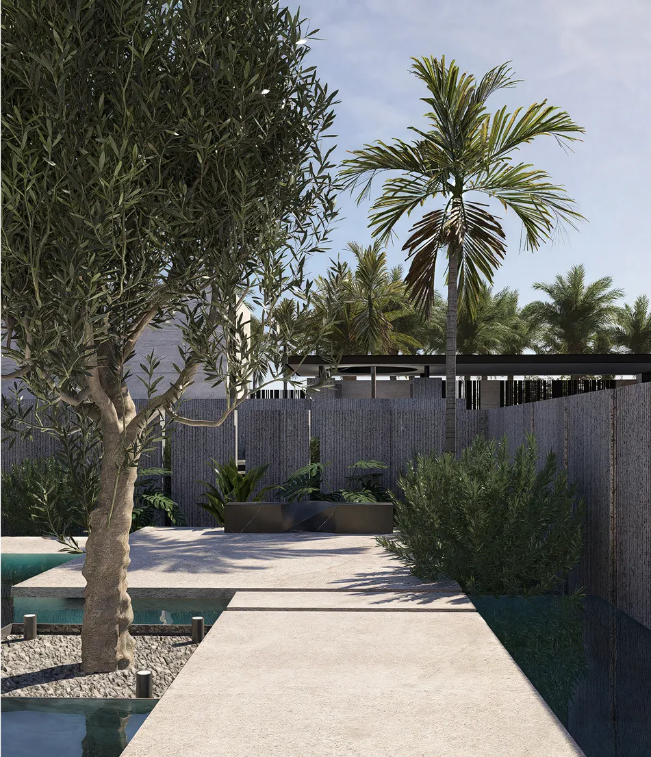 Custom landscape design with water features and floating steps