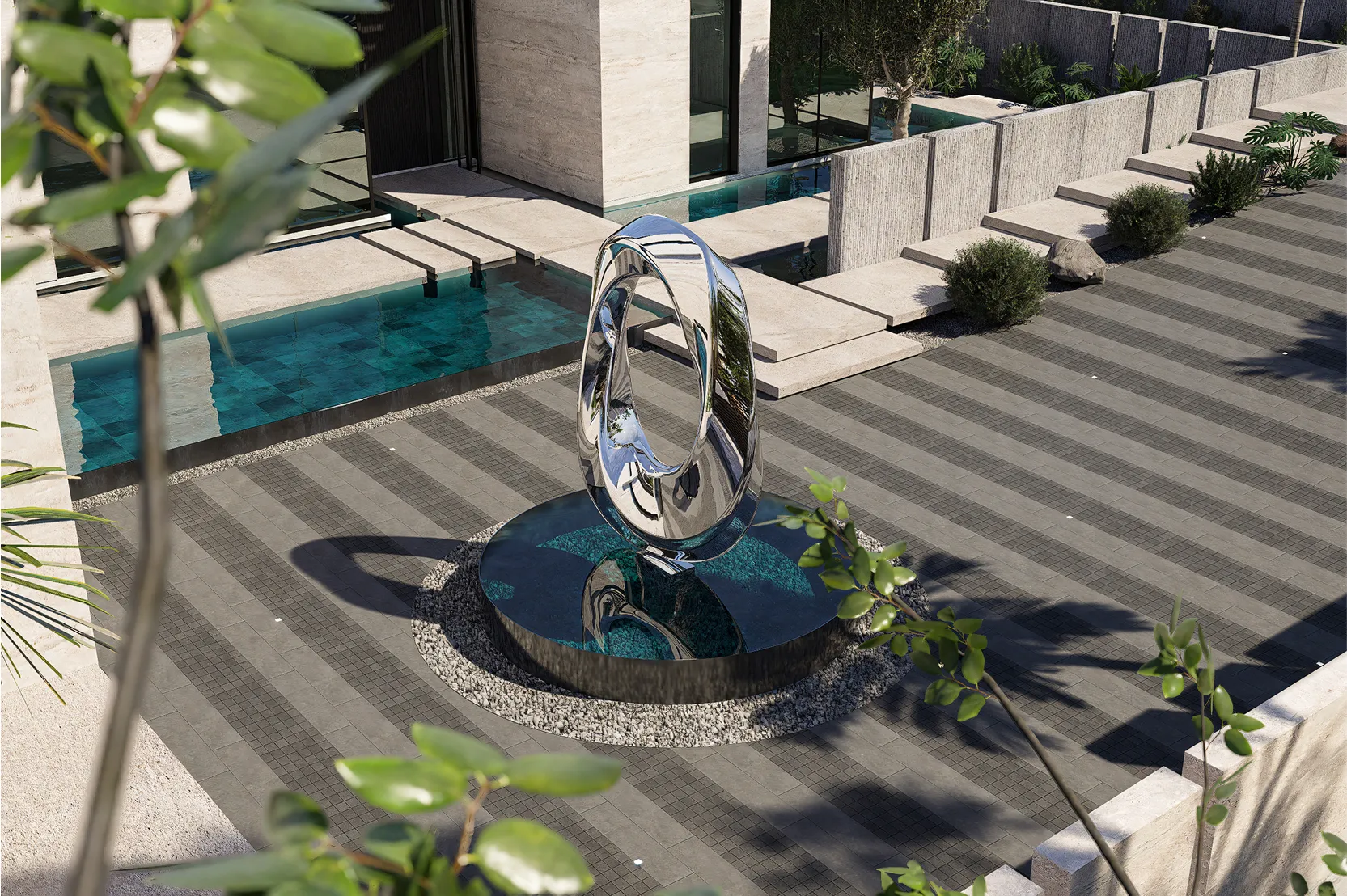luxury villa drive with starlight flooring and a sculptural fountain.