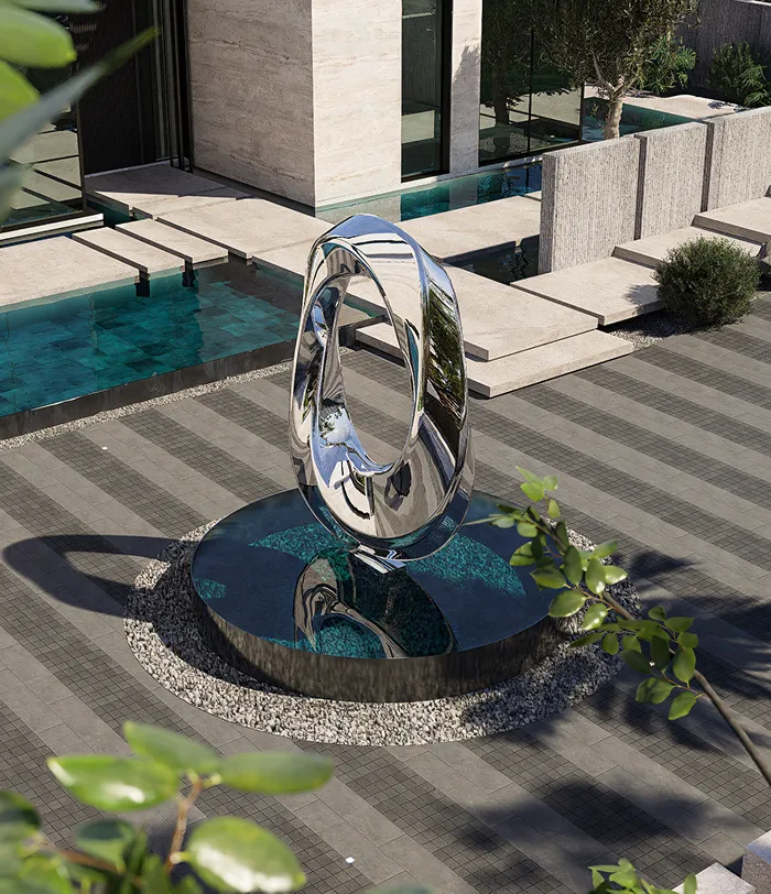 luxury villa drive with starlight flooring and a sculptural fountain.