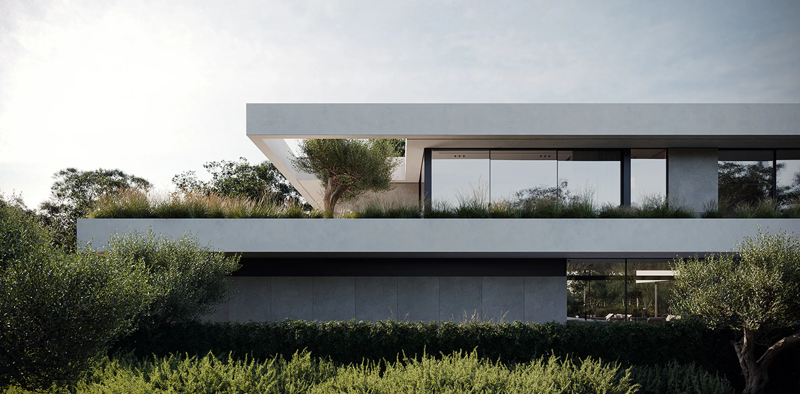Villa with modern architecture and floor to ceiling glass window features