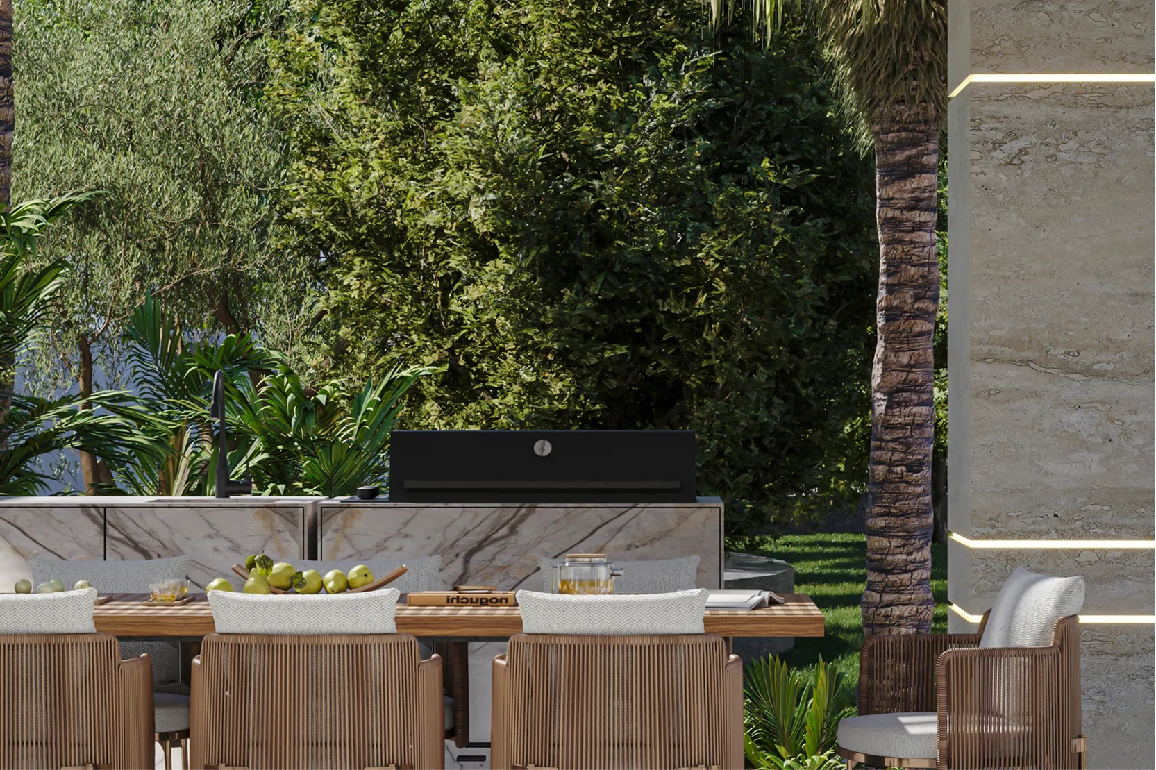 Architectural pergola with custom designed dining and seating furniture by rayfitout