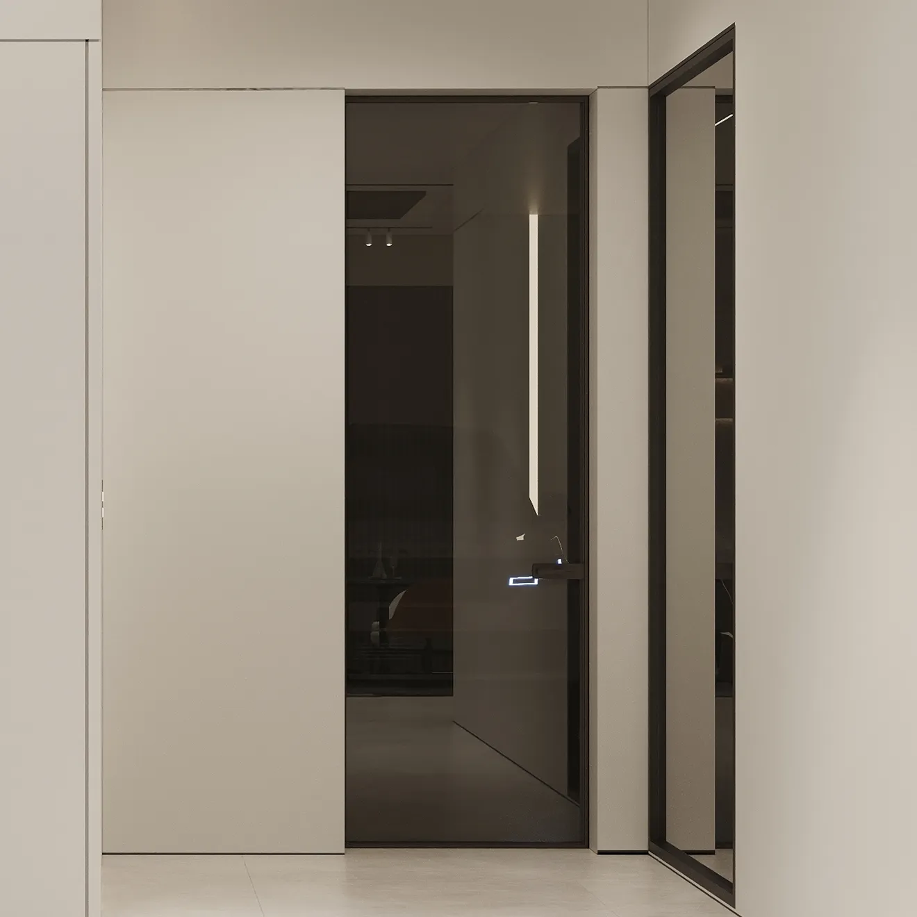Clear glass door with a modern lever handle