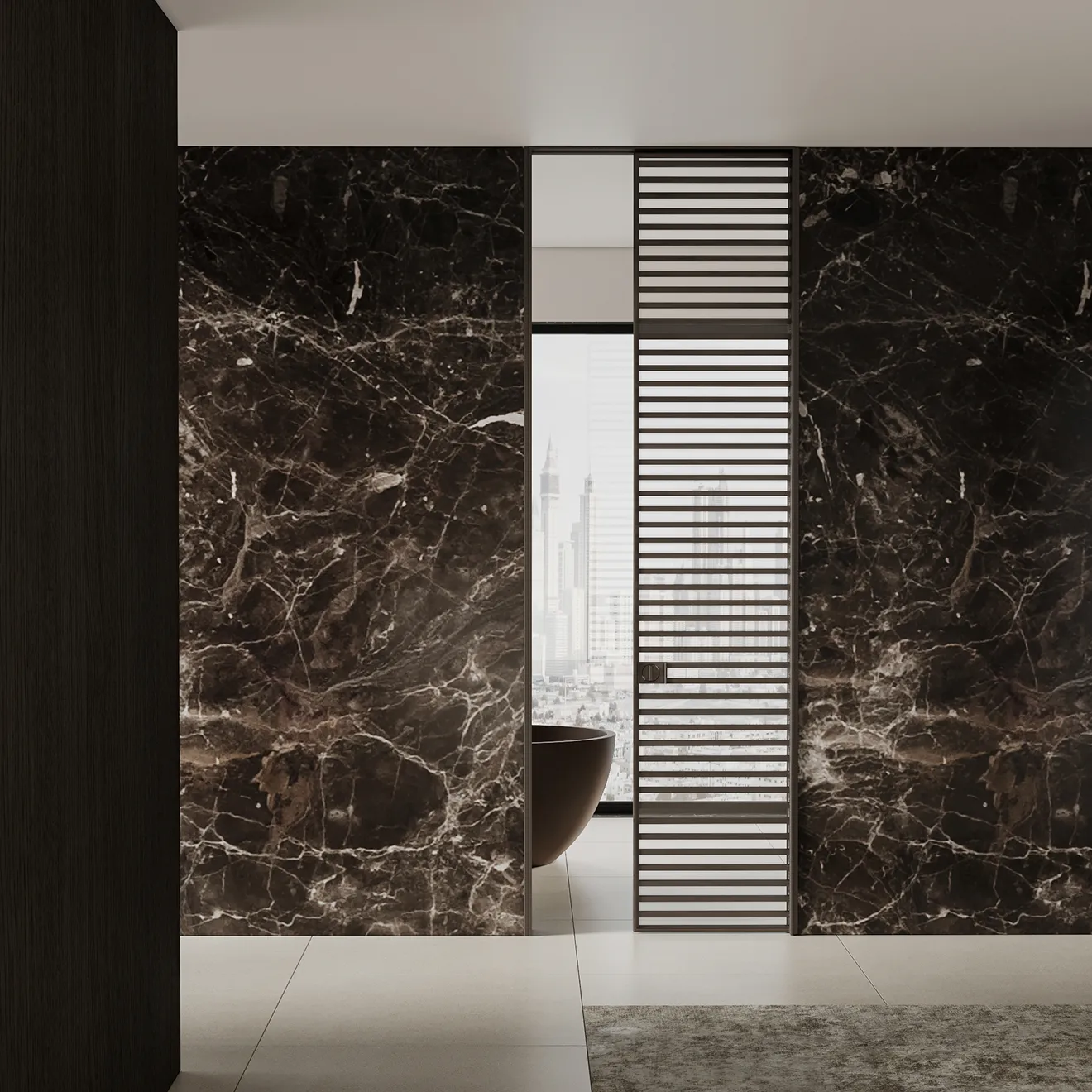 Custom aluminum door with horizontal slatting for bathrooms