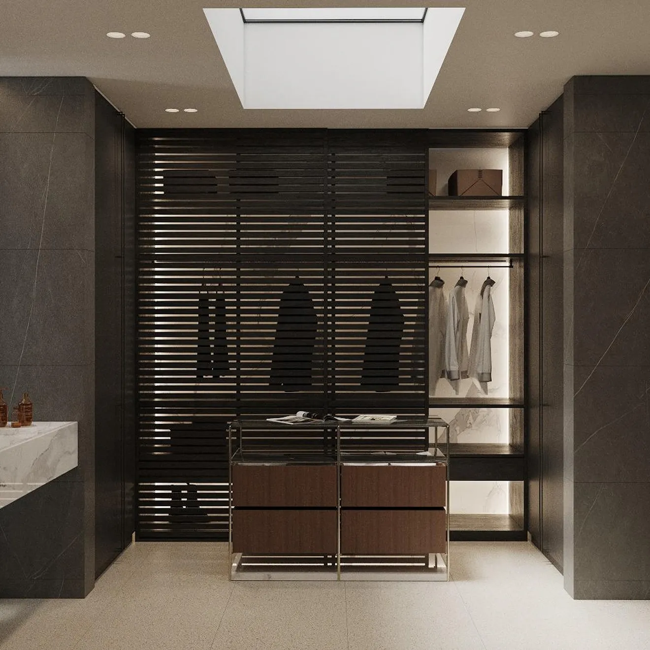 Custom wardrobe design with flexible shelving layout