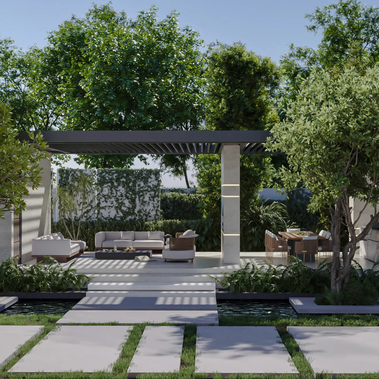 Automated aluminum pergola with motorized louvers