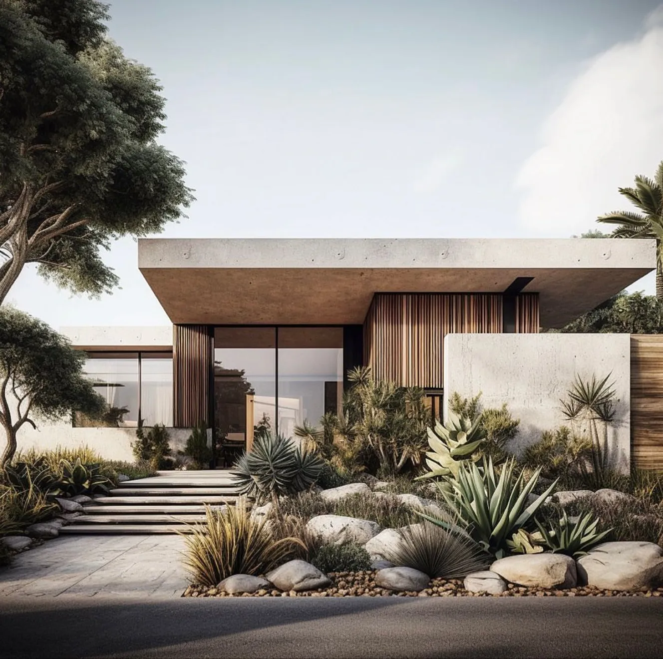 Villa entrance showcasing custom landscaping