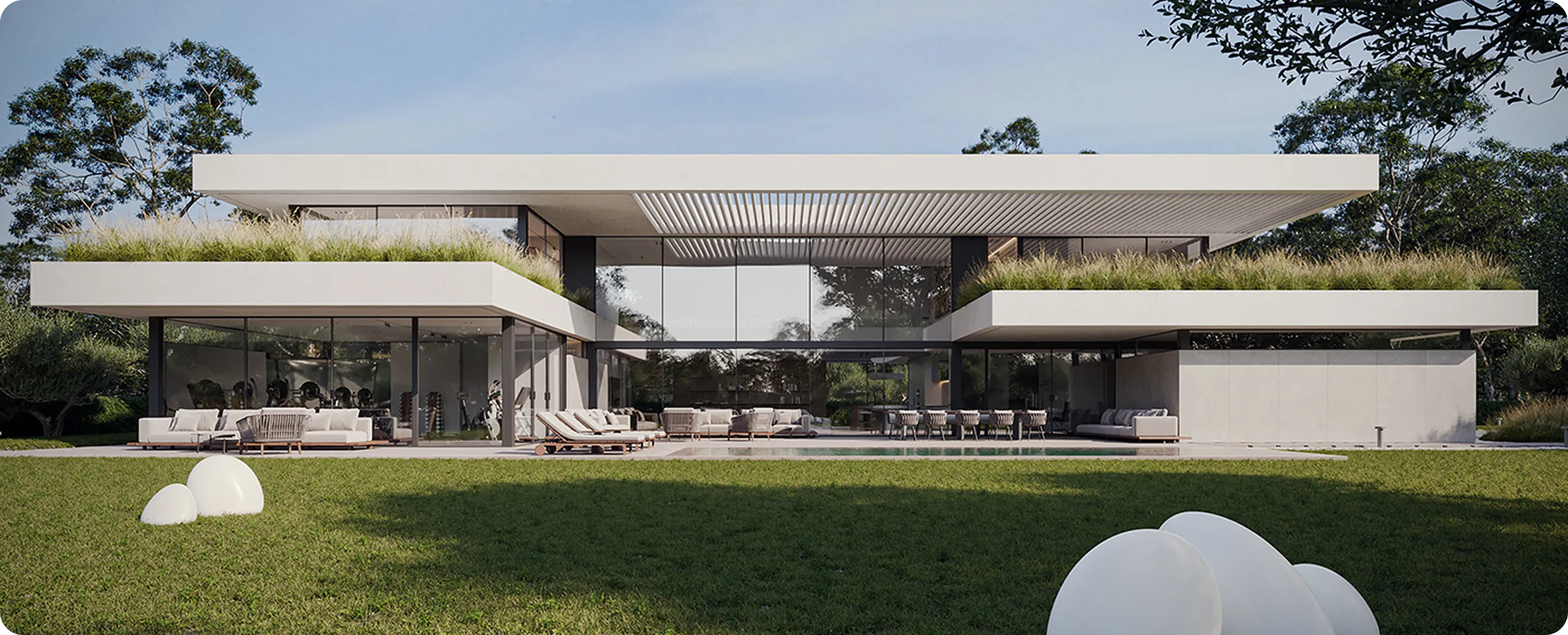 Luxury villa exterior design with an infinity pool and expansive glass windows.