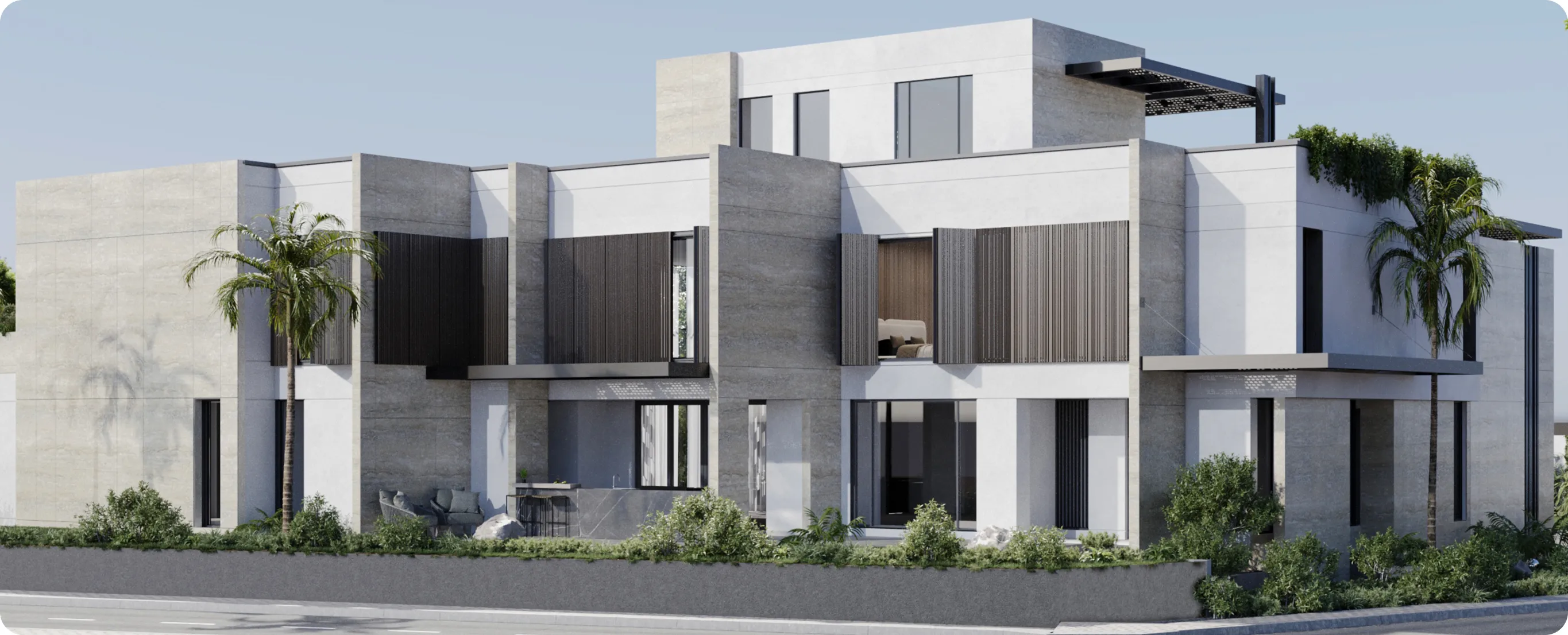 Contemporary designer villa with wooden louvres and lush landscaping