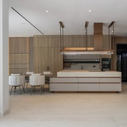 Kitchen cabinetry in a modern villa with in-built storage and bespoke joinery