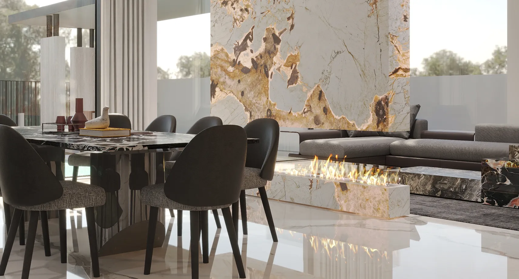 Villa Interior design featuring bespoke joinery and marble flooring