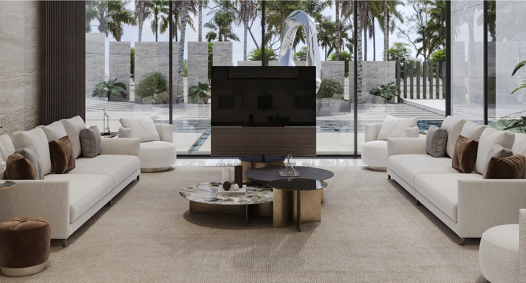 Bespoke interior design with custom furniture for villa living rooms