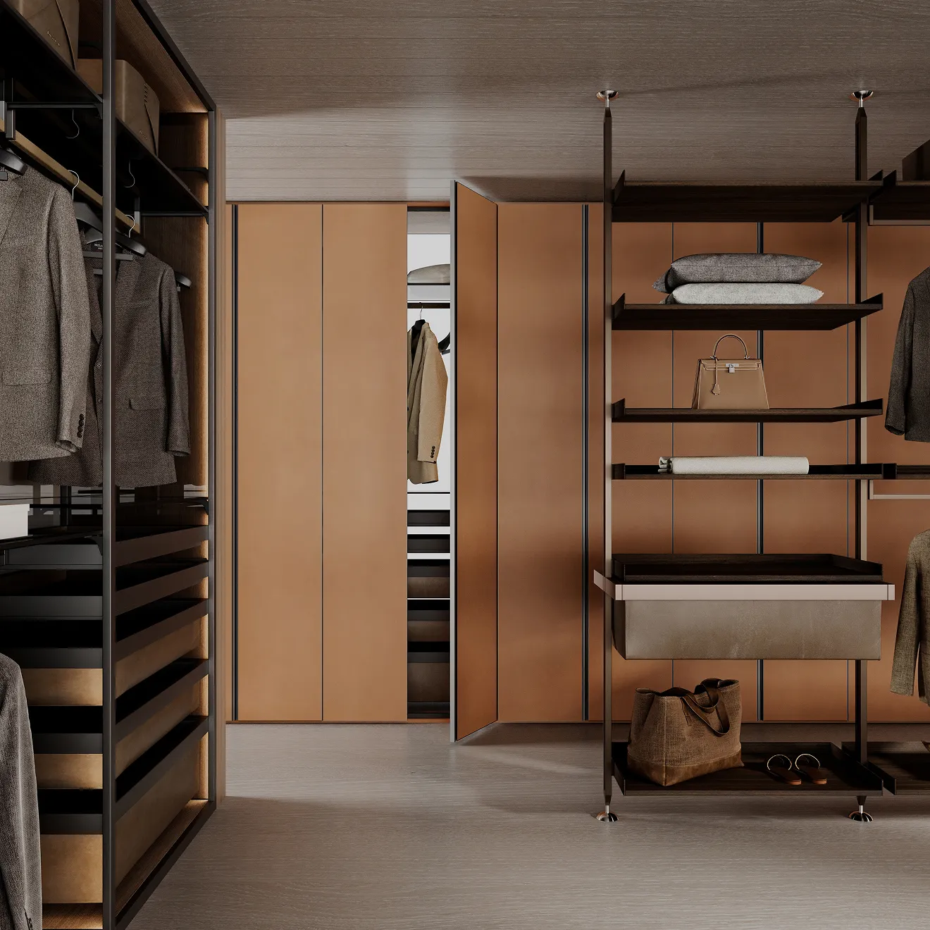 Custom walk in closet with multi-level shelves, hanging racks, and drawer systems