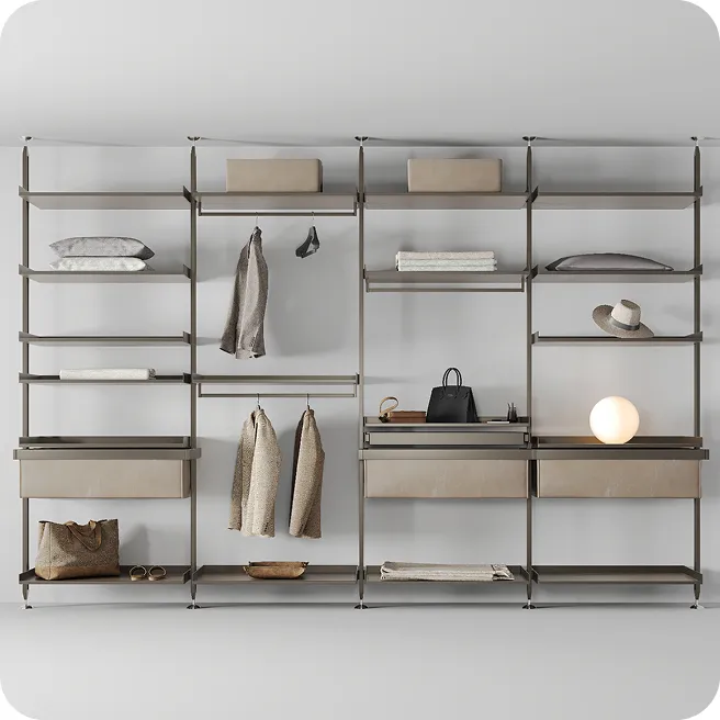 Custom wardrobe system featuring open storage, and limitless wood finishes.