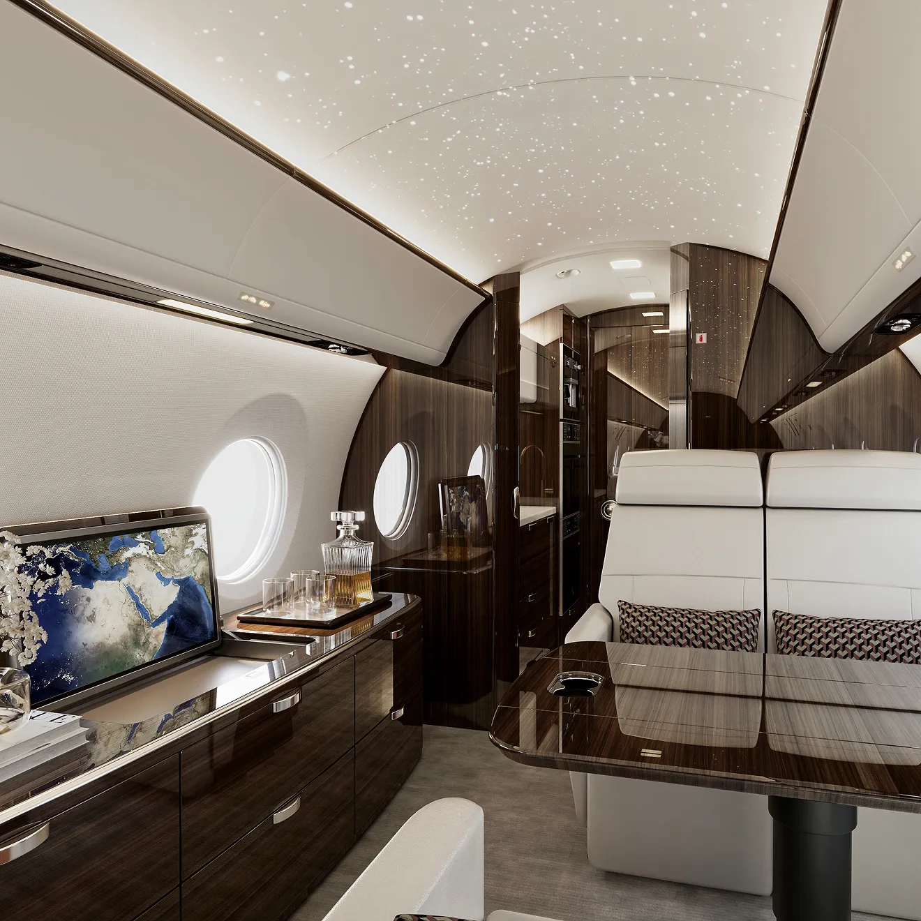 Luxury private jet interior design with certified materials and finishes