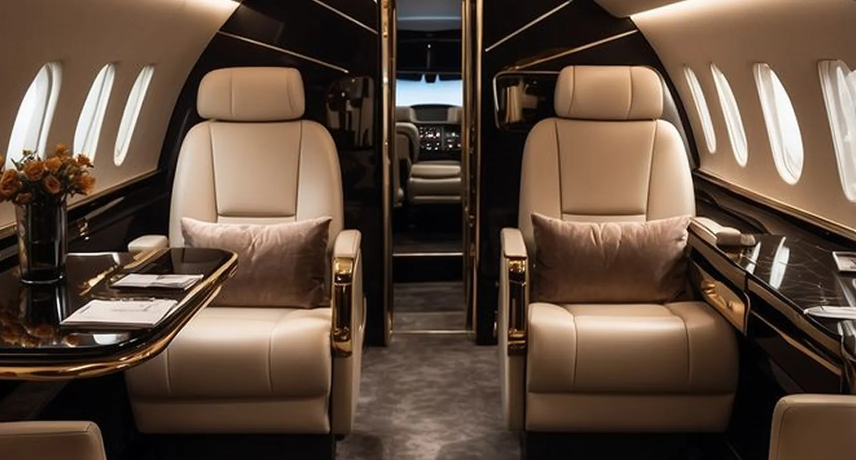 Interior design of a private jet featuring custom seating configurations using different materials and quilting styles