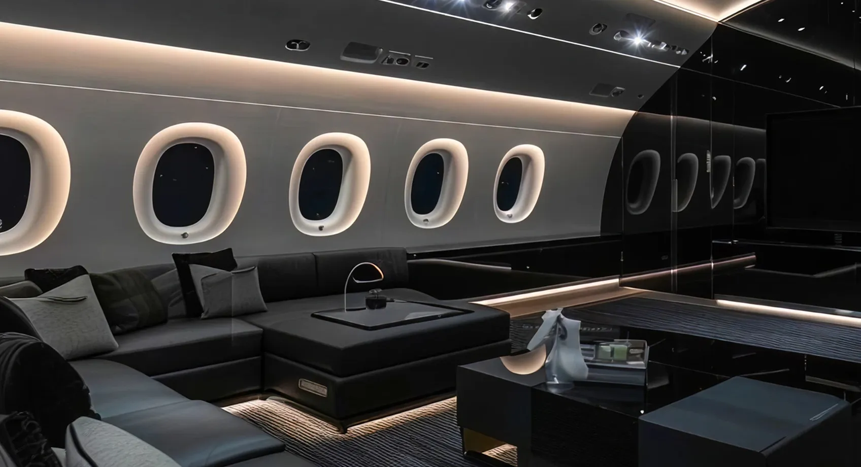 Starlight ceiling with fiber-optic lighting in a luxury private jet in Dubai