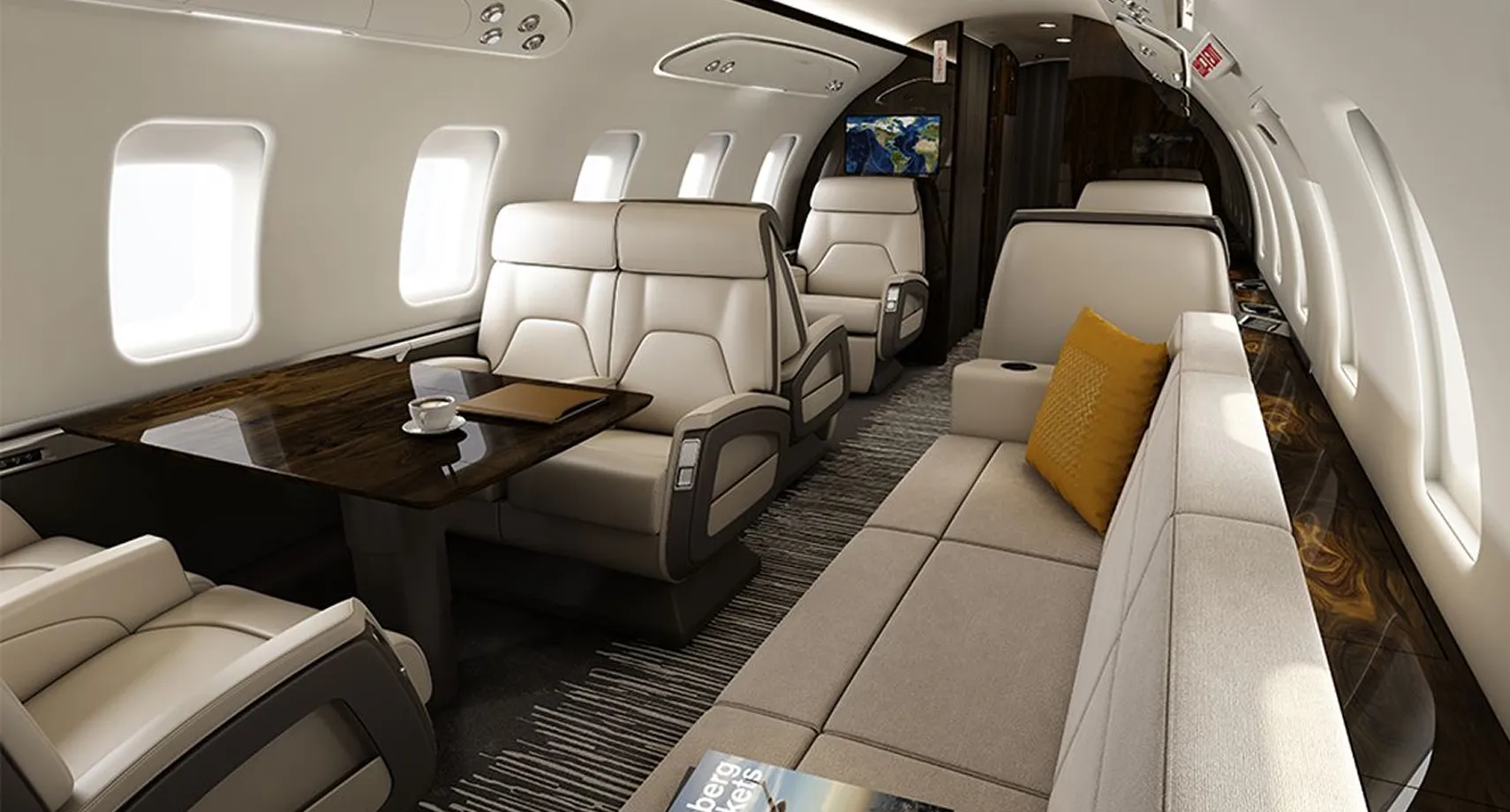 Luxury private jet interior design featuring custom cabinetry with hidden storage compartments