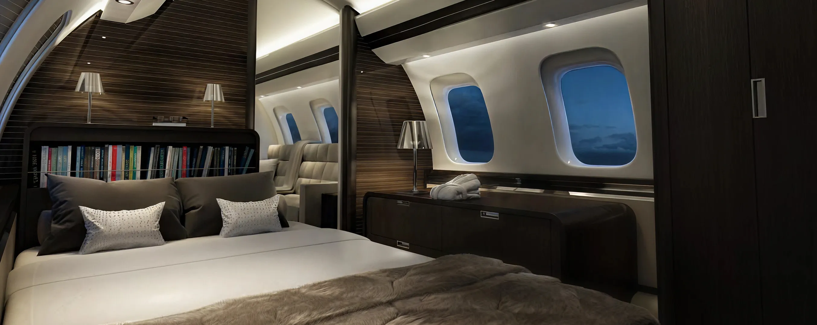 Interior design of the Gulfstream G650 private jet completed by Rayfitout in Dubai, with luxurious joinery and finishes