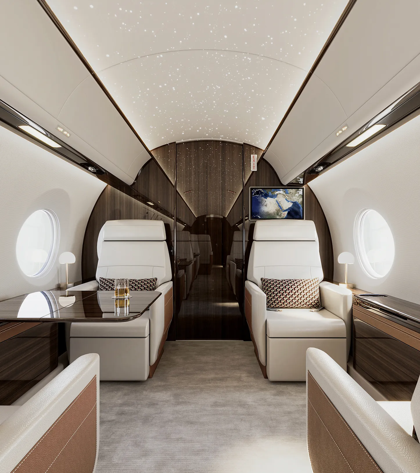 High-end jet interior design with wood veneer and leather finish