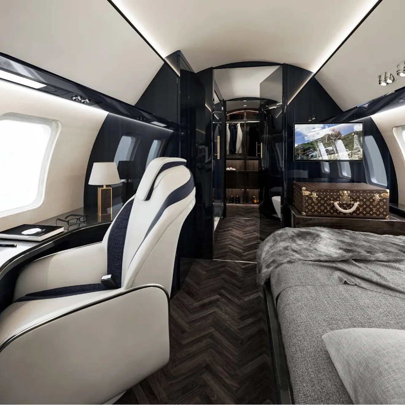 Custom jet seating design in a luxury private jet refurbishment