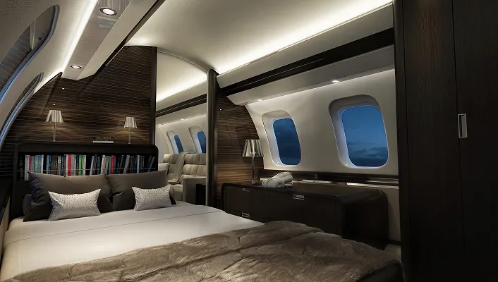 Interior design of the Gulfstream G650 private jet completed by Rayfitout in Dubai, with luxurious joinery and finishes