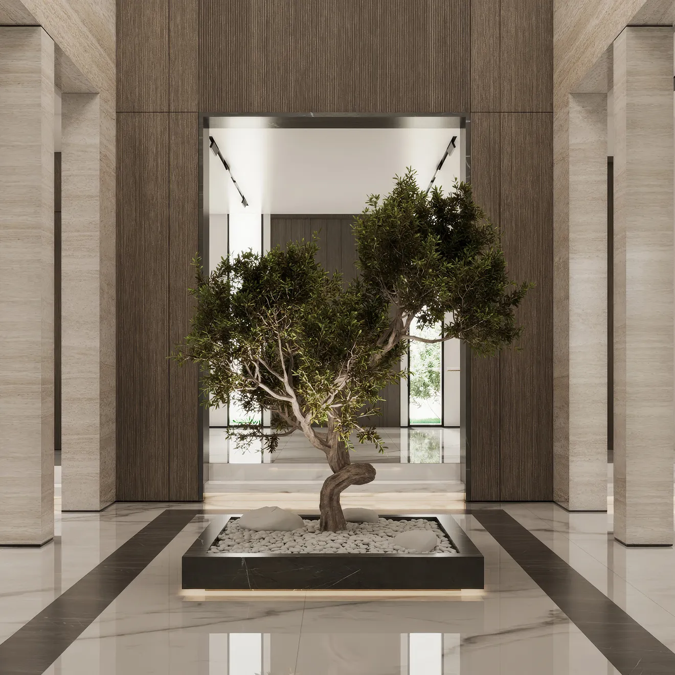 Modern lobby featuring a tree in a renovated villa in Al Barari