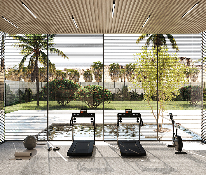 Luxury amenity gym overlooking a mountain range and lush water features in Riyadh for a home