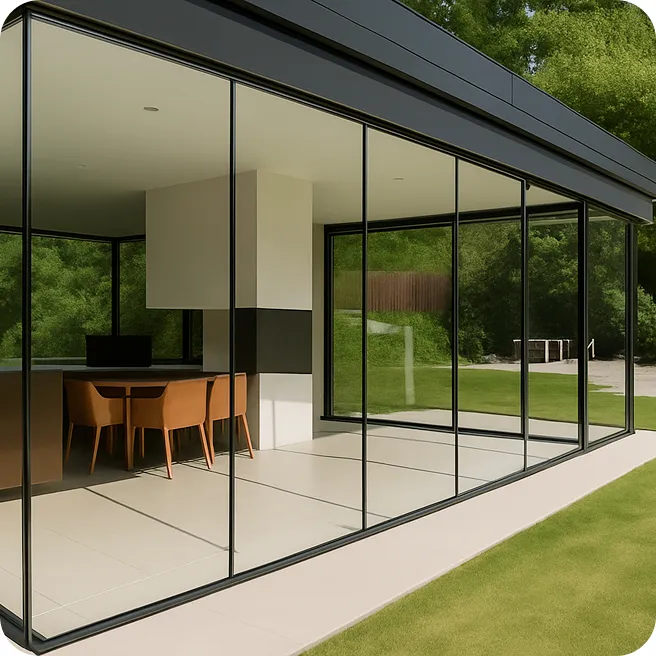 Modern building featuring large, floor-to-ceiling bullet-resistant glass windows overlooking a green lawn