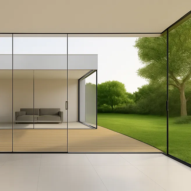 Modern minimalist architecture with slim-profile aluminum sliding doors featuring bullet-resistant glass