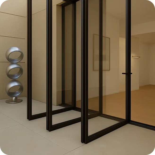 A modern interior with a large bifold window made of bulletproof glass