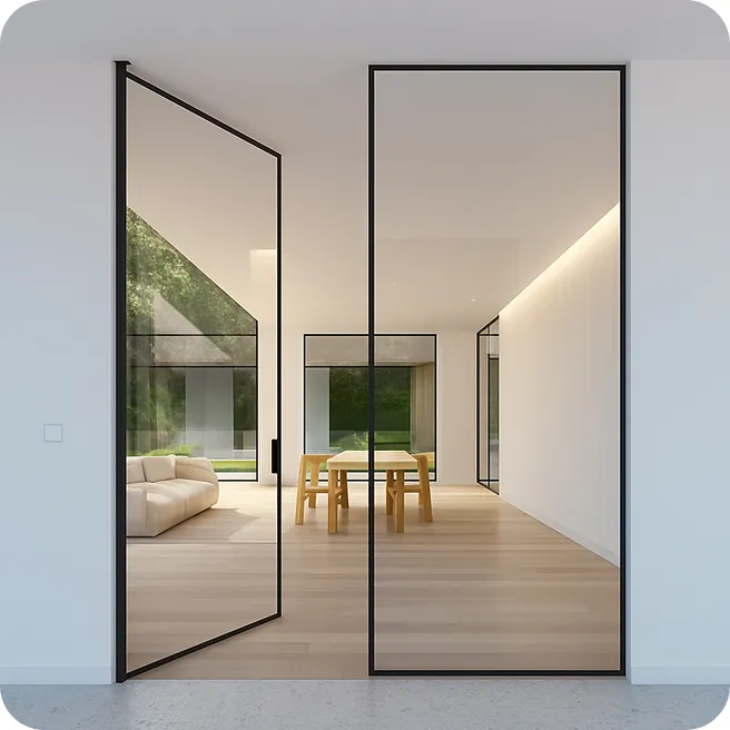 Modern interior with a bulletproof hinged glass door and large security windows