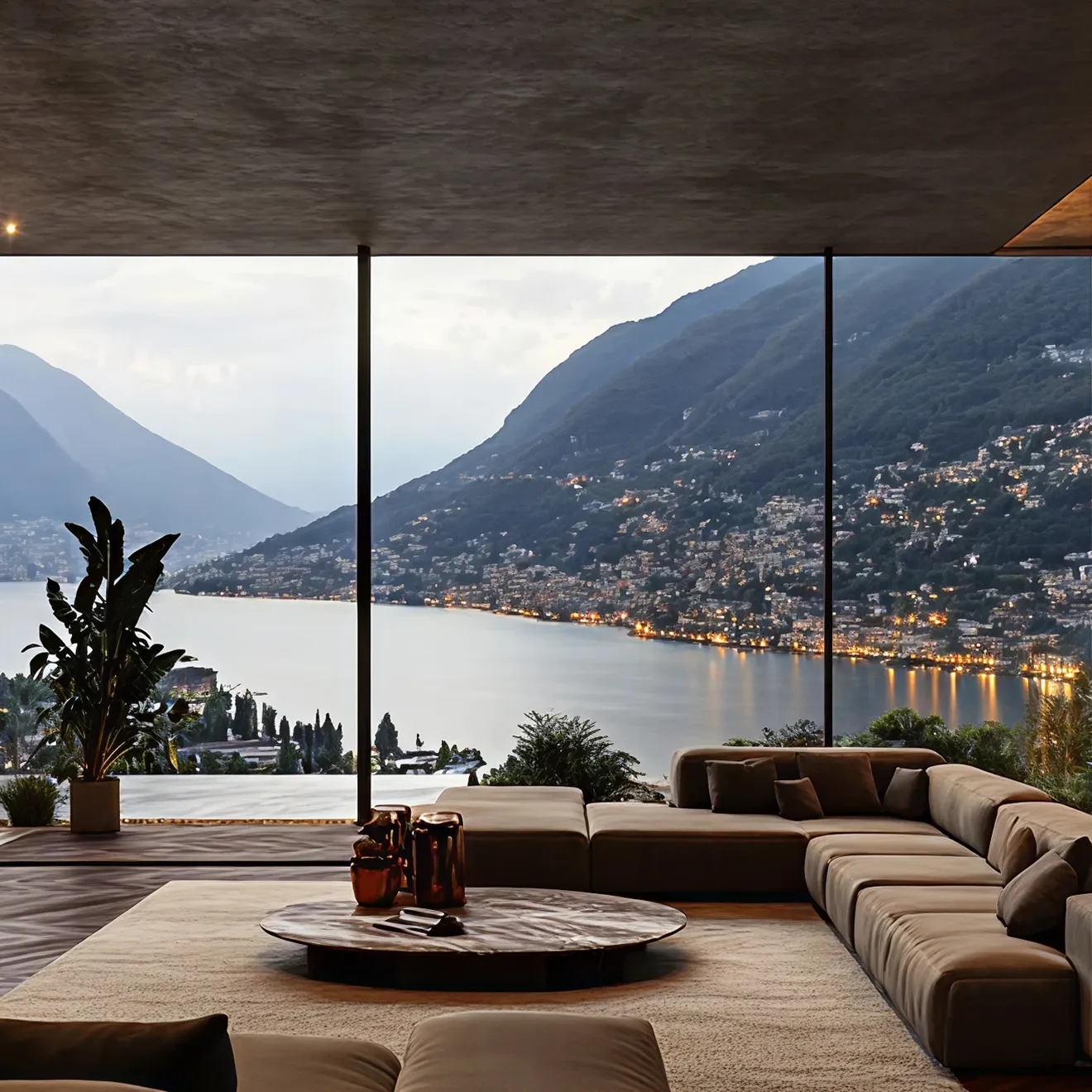 Luxury living room with floor-to-ceiling bulletproof glass windows