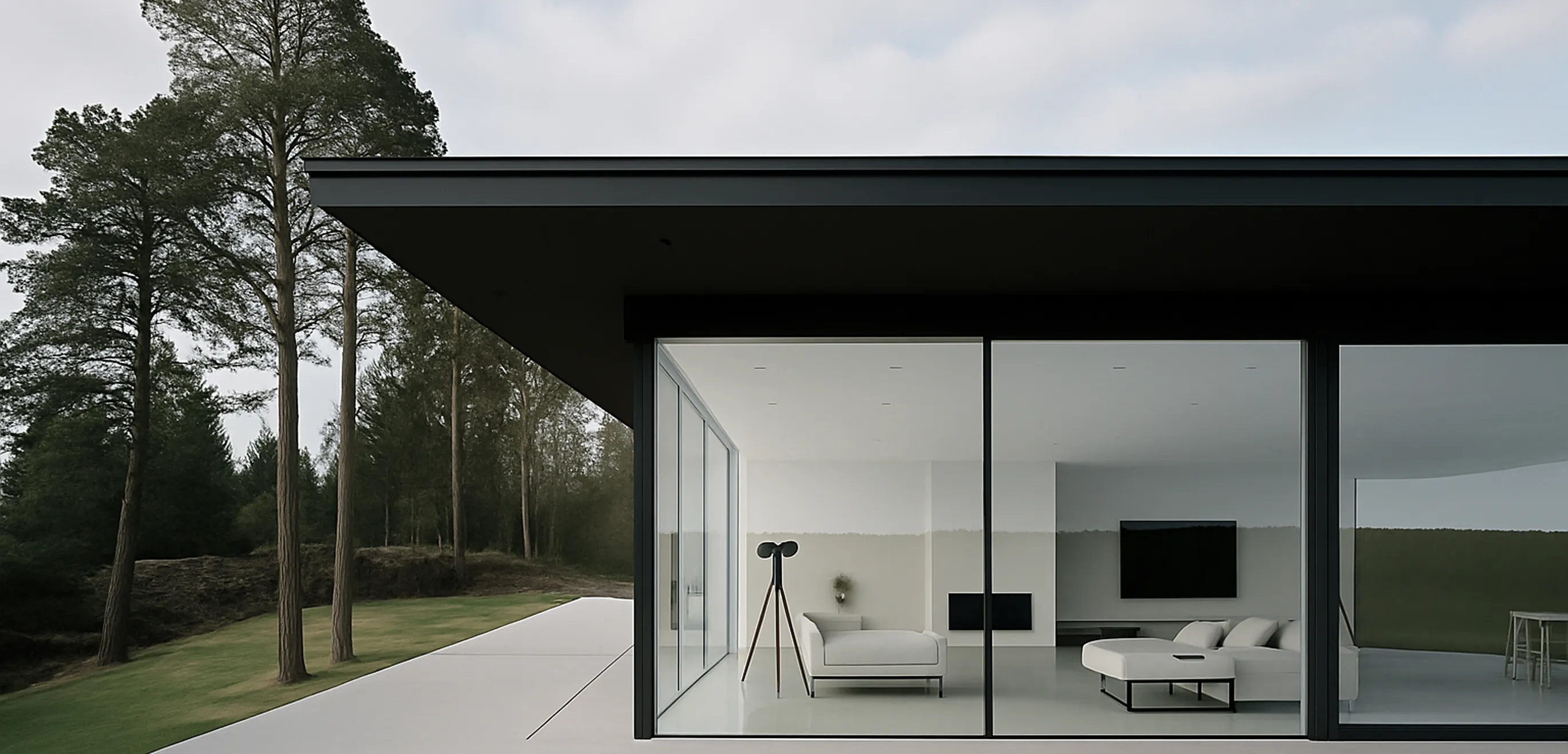 A minimalist house with a flat, dark roof and expansive bulletproof glass panels