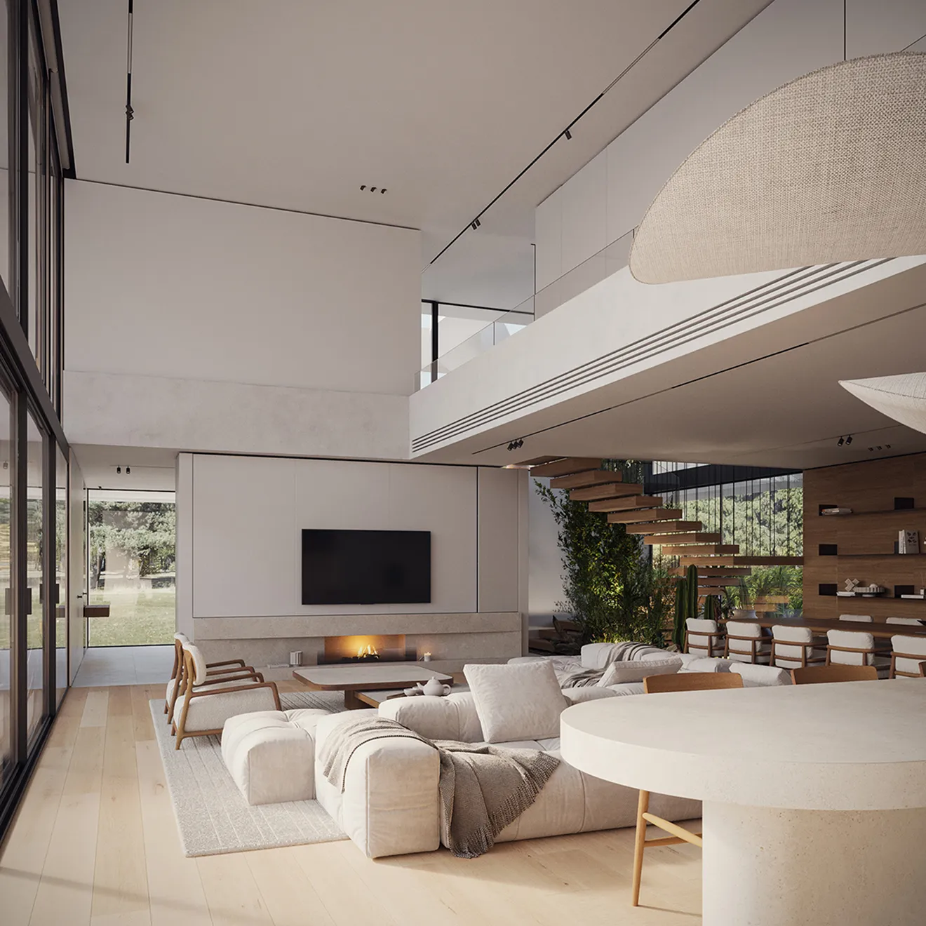 Minimalist living space with a fireplace and floor-to-ceiling windows