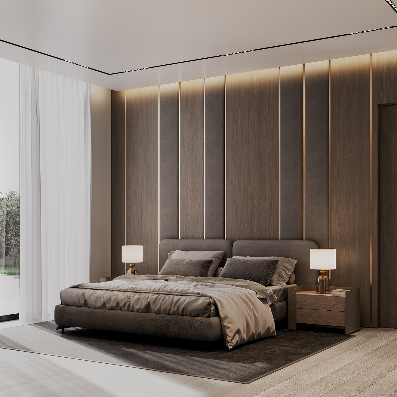 Modern bedroom interior design with a large bed, a padded headboard, and dark wood paneled walls