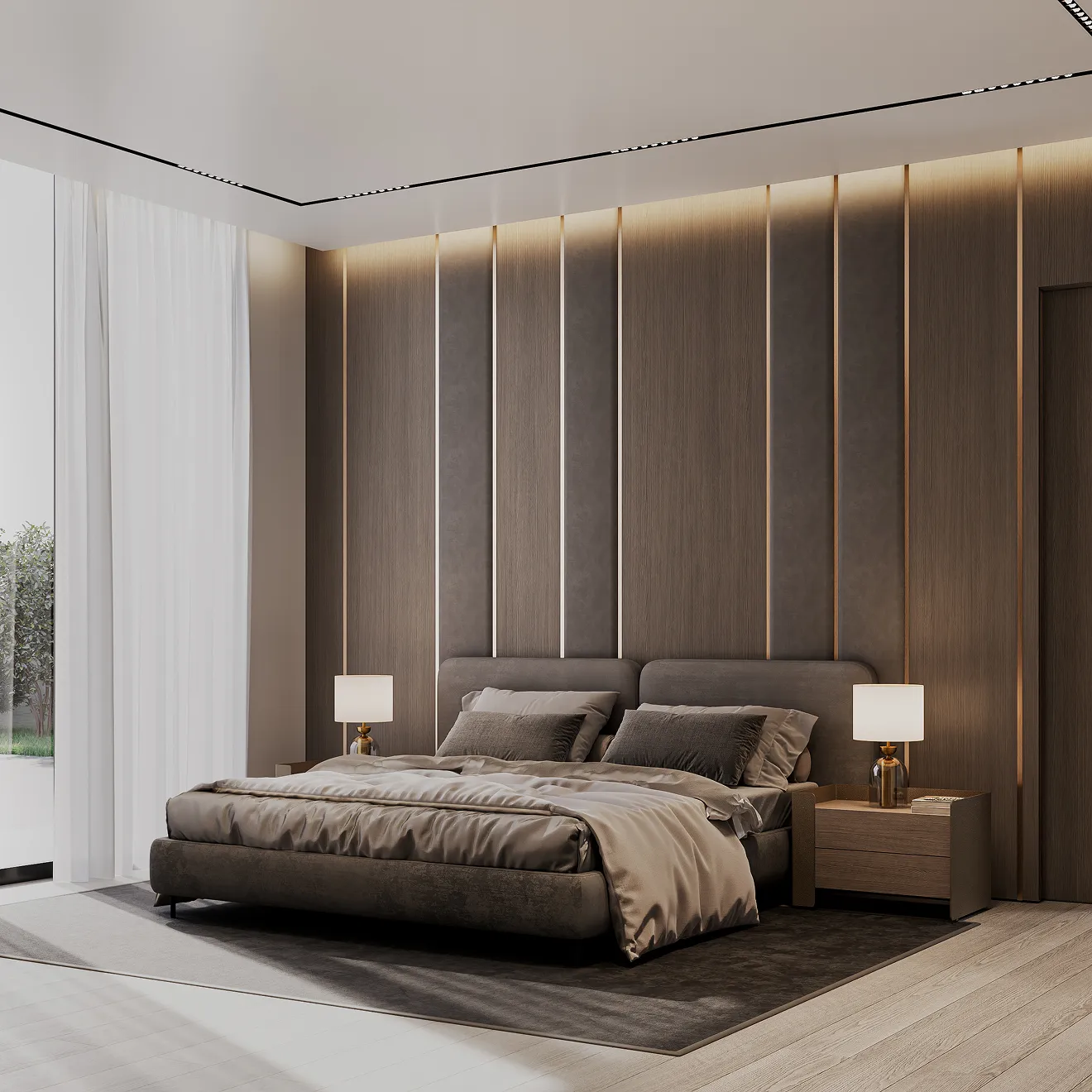 Modern bedroom interior design with a large bed, a padded headboard, and dark wood paneled walls
