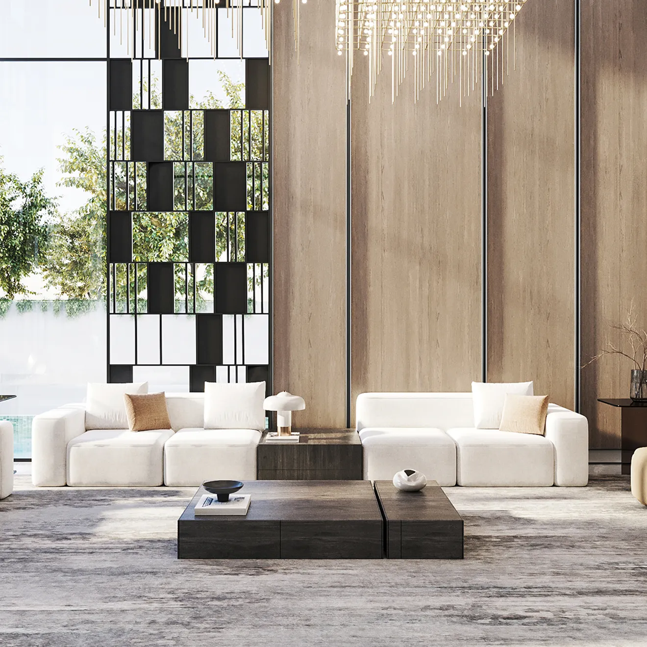 Contemporary space featuring modular sofas and a chandelier overhead