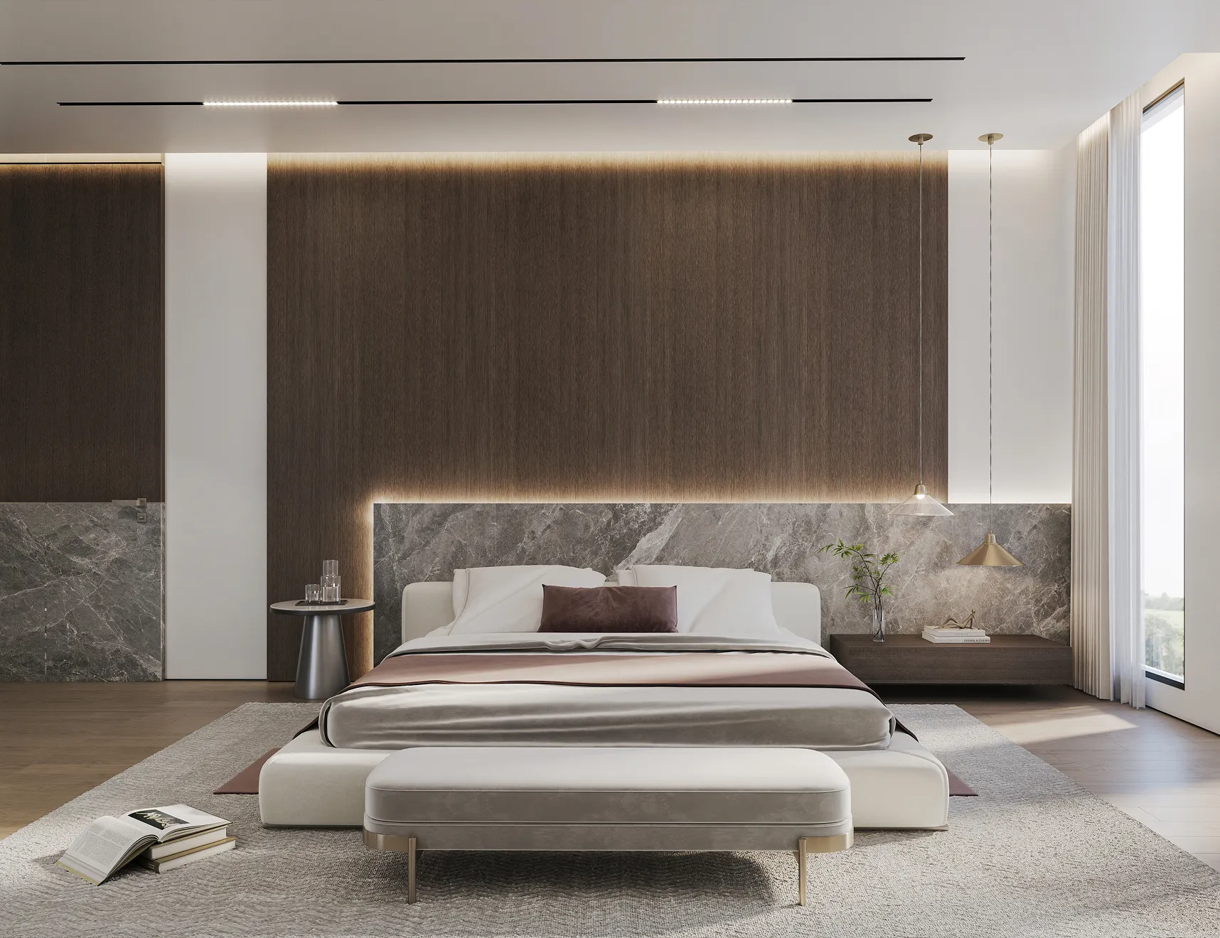 Modern bedroom with a large bed, marble-accented headboard, and dark wood-panelled wall