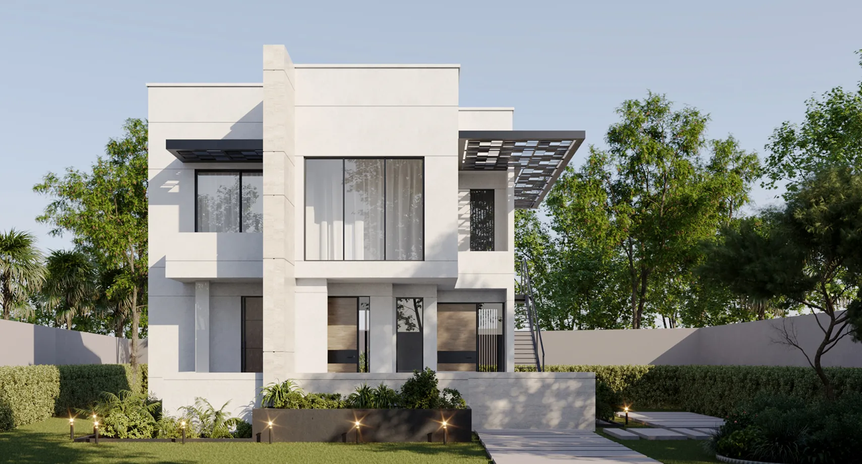 Modern villa with bespoke architecture, floor-to-ceiling windows, and lush landscaping