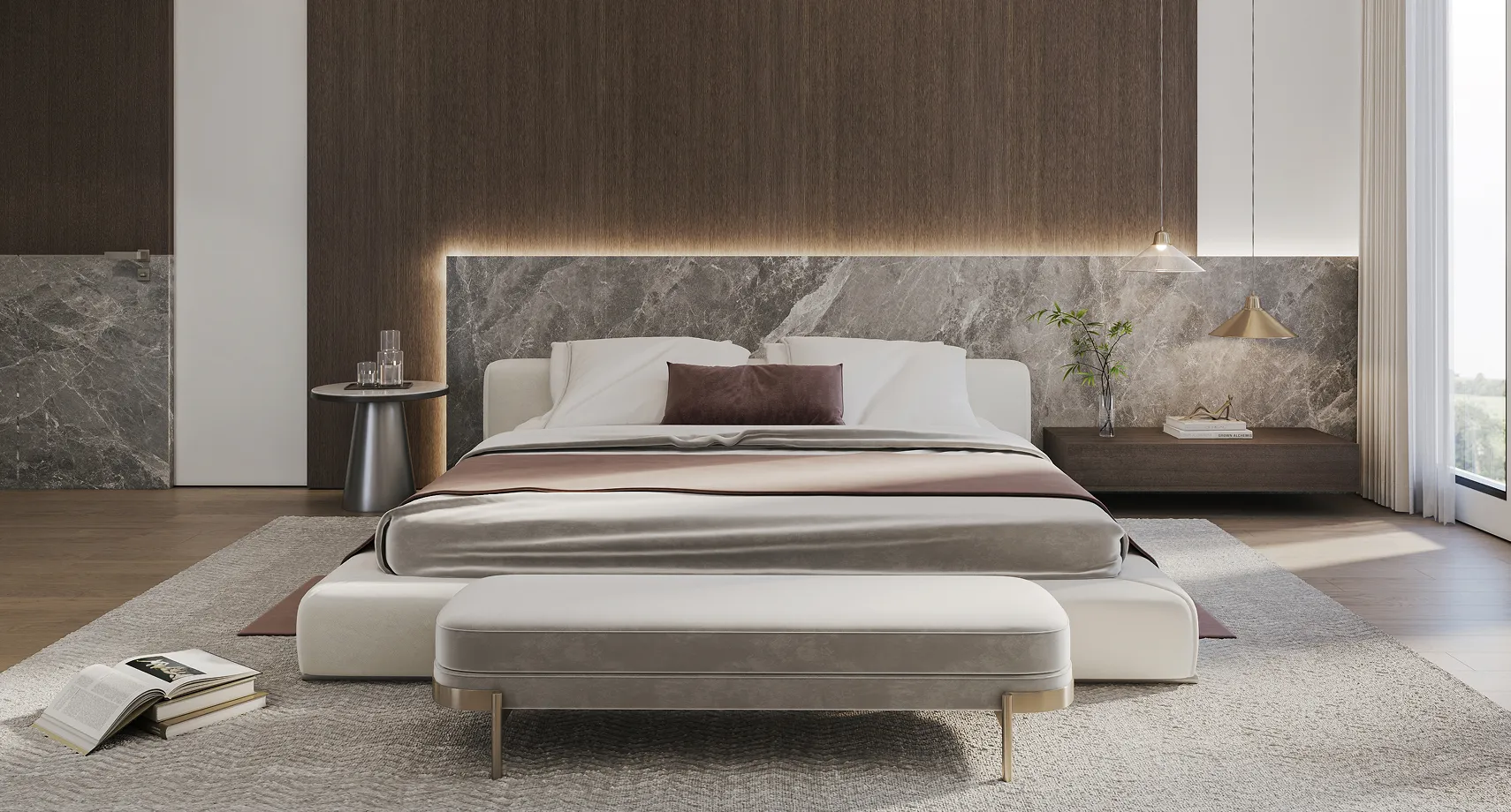 Modern bedroom interior with large white-framed bed, dark brown panelled wall, and expansive window