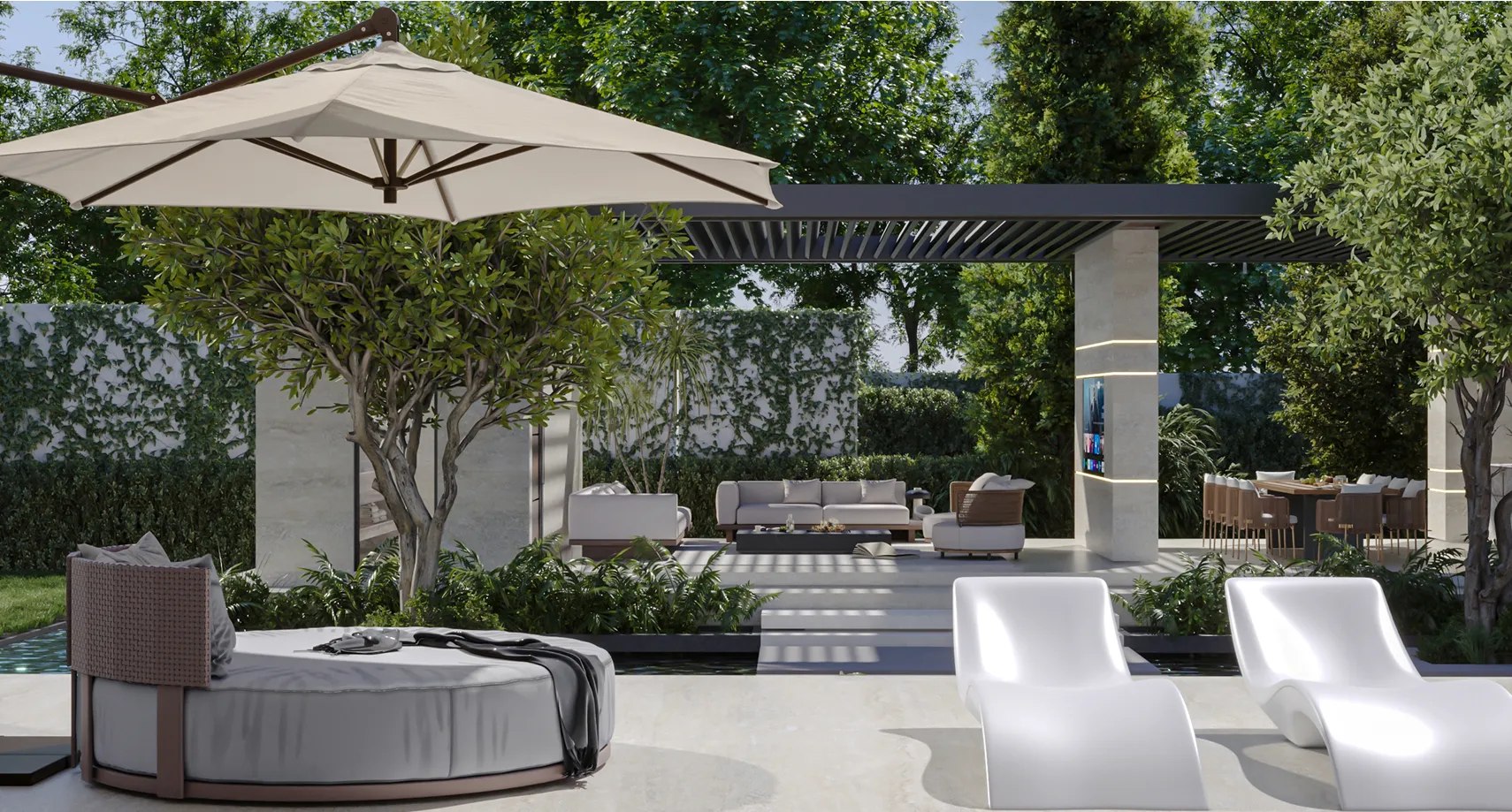 Resort-style outdoor area with poolside seating and shaded dining under a pergola in a luxury villa in Kampala