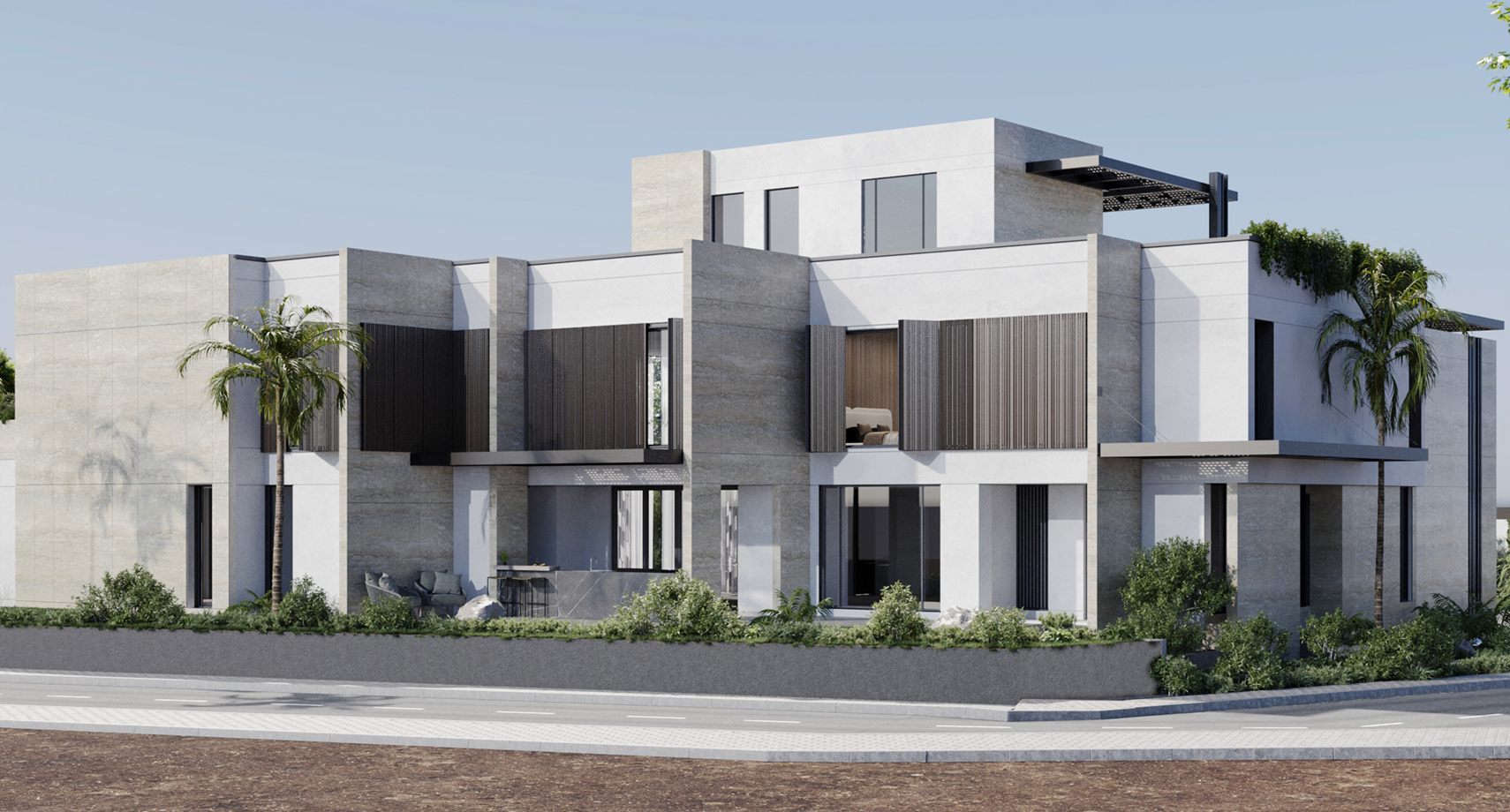 Architectural exterior of a modern villa in Kampala with bespoke joinery, modular facades, and lush landscaping