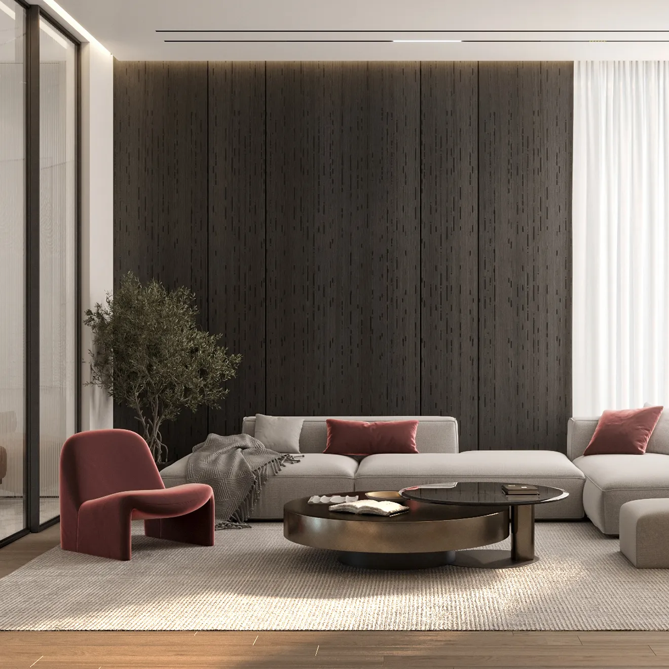 Modern living room interior design featuring bespoke joinery and dark wood panelled wall