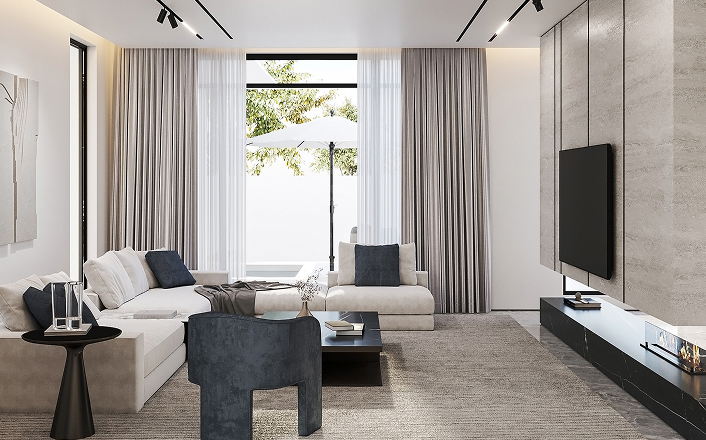 Luxury interior design in a living room with modern furniture and expansive windows in Uganda