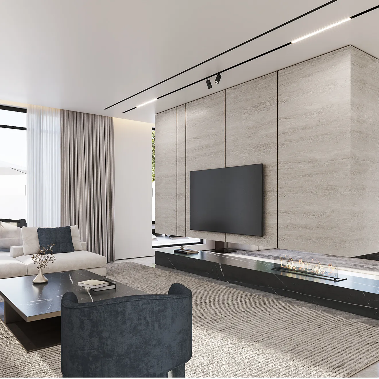 Living room interior design featuring mounted TV, sleek fireplace unit, modular sofa, and floor-to-ceiling windows with sheer drapes