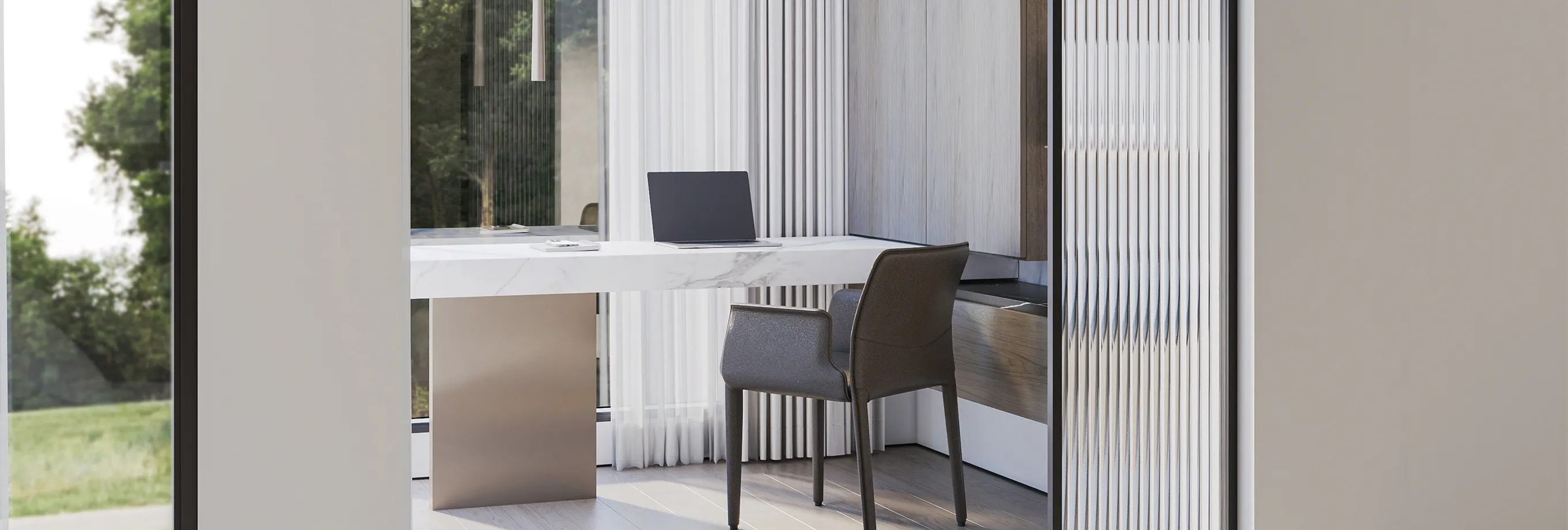 Modern home office with white marble desk, custom-designed dark grey chair, and expansive windows in a luxury villa