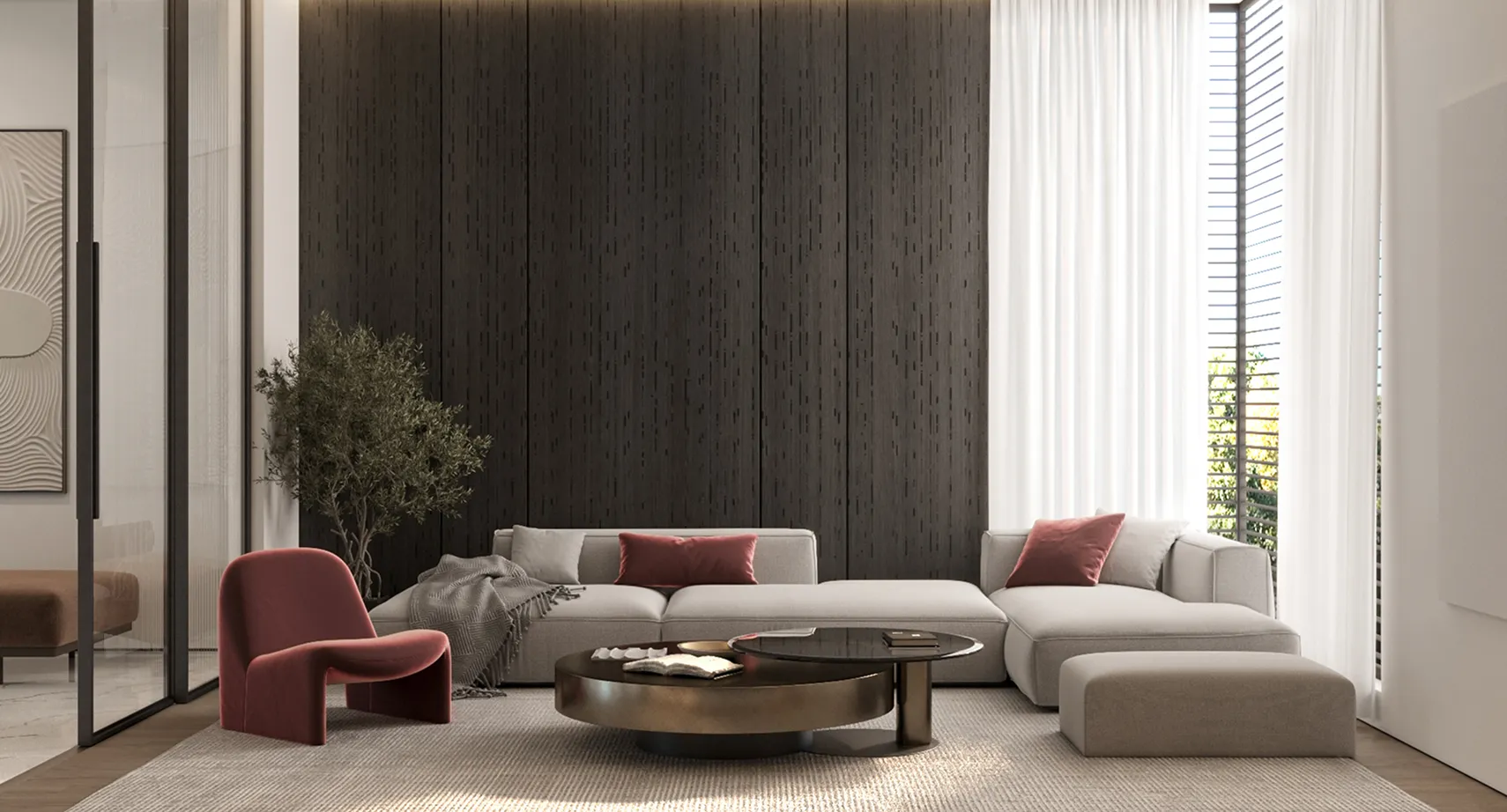 Modern living room interior design featuring bespoke joinery and dark wood panelled wall