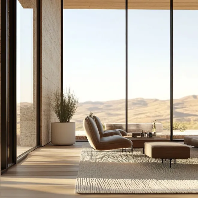 Modern desert home interior featuring bulletproof glass windows that create a secure connection with the natural landscape